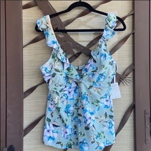 New Alex Marie Blue & Green Floral Ruffled Tankini Swimsuit Top